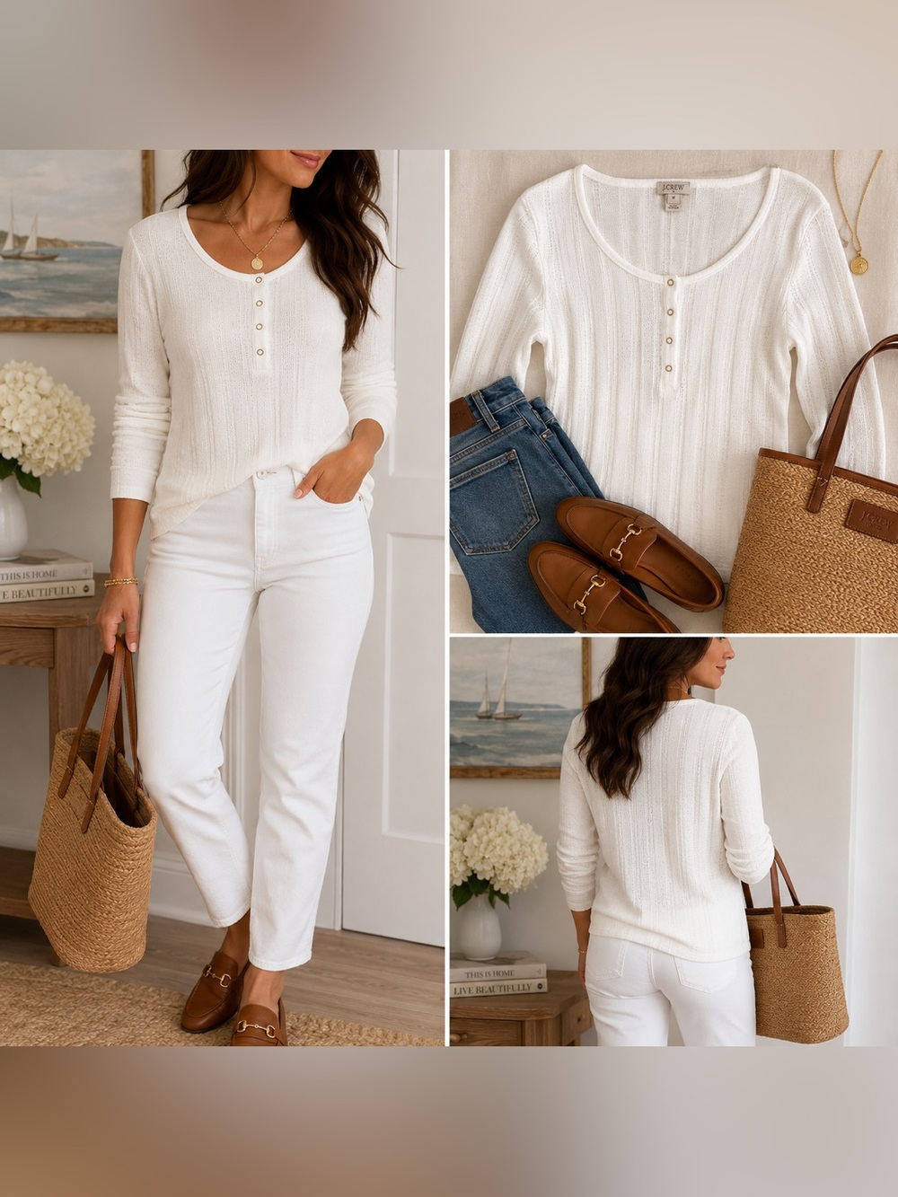 J.Crew White Ribbed Henley Top Medium Long Sleeve Textured Knit Preppy Coastal